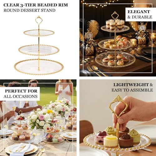 Clear 3-Tier Round Plastic Cupcake Tower Stand with Black Beaded Rim, Dessert Display Tea Party Serving Platter, alternate