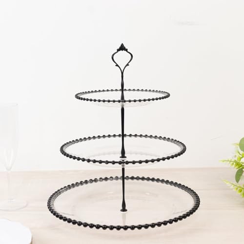 Clear 3-Tier Round Plastic Cupcake Tower Stand with Black Beaded Rim, Dessert Display Tea Party Serving Platter, alternate