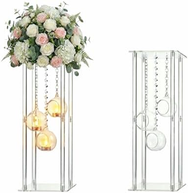 Clear Acrylic Vases Flower Stand Wedding Centerpieces with Hanging Glass Tealight Globe Candle Holders for Event