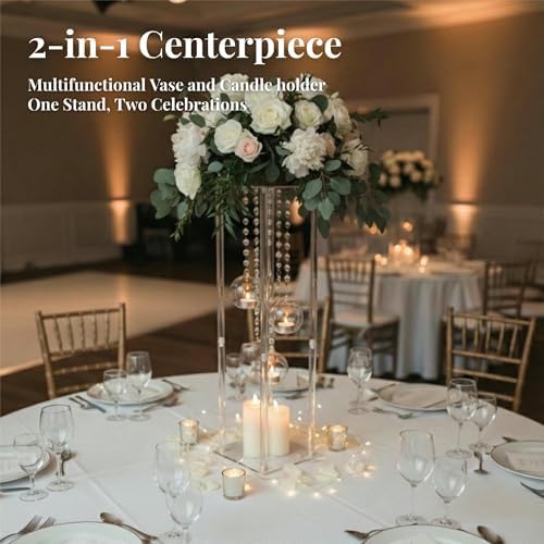 Clear Acrylic Vases Flower Stand Wedding Centerpieces with Hanging Glass Tealight Globe Candle Holders for Event, alternate