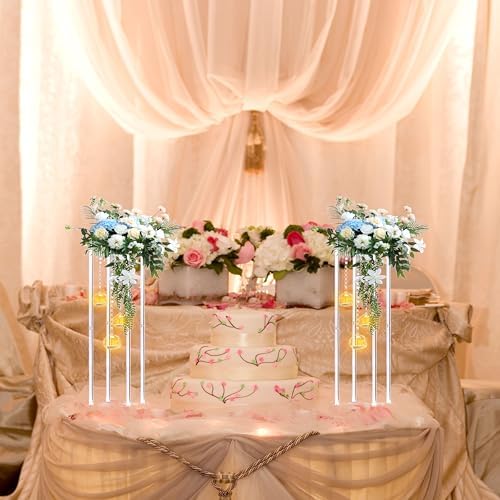 Clear Acrylic Vases Flower Stand Wedding Centerpieces with Hanging Glass Tealight Globe Candle Holders for Event, alternate