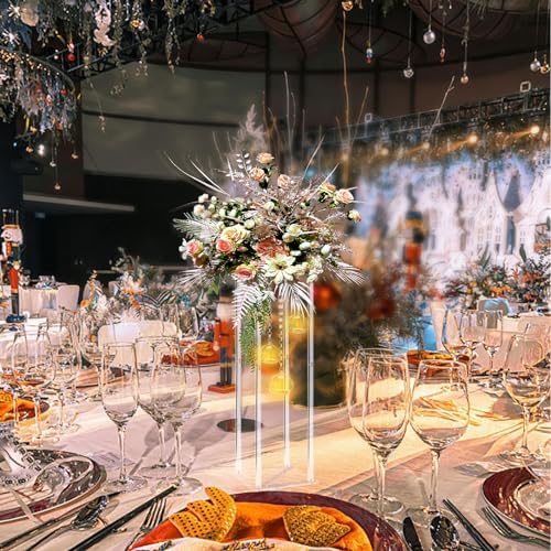 Clear Acrylic Vases Flower Stand Wedding Centerpieces with Hanging Glass Tealight Globe Candle Holders for Event, alternate