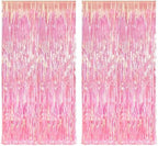 Clear Pink Streamers Party Curtain | Iridescent Fringe Backdrop in 3.2 ft x 6.5 ft in Clear Pink