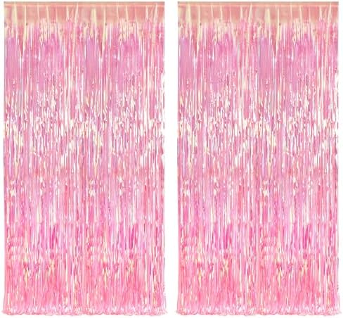 Clear Pink Streamers Party Curtain | Iridescent Fringe Backdrop in 3.2 ft x 6.5 ft in Clear Pink
