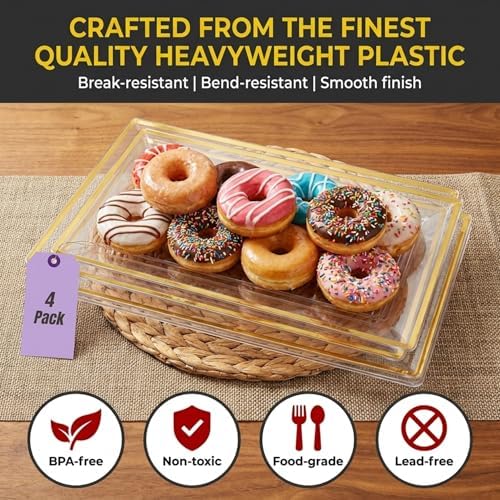Clear Plastic Serving Tray (4-Pack) Clear Gold Rim Disposable Serving Trays & Platters for Food - Versatile for, alternate