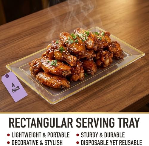 Clear Plastic Serving Tray (4-Pack) Clear Gold Rim Disposable Serving Trays & Platters for Food - Versatile for, alternate
