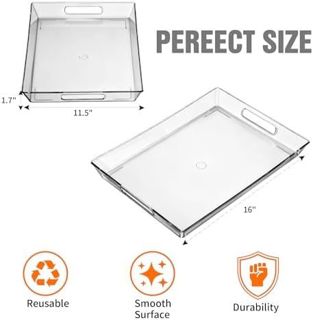 Clear Plastic Serving Tray with Handles, BPA-Free Storage Organizer Tray -2 Pack Large Trays 16"x11.5" Reusable, alternate
