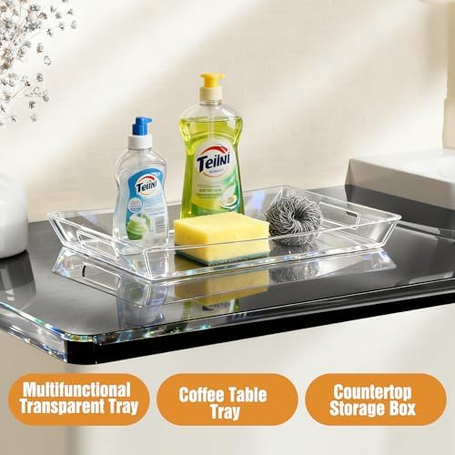 Clear Plastic Serving Tray with Handles, BPA-Free Storage Organizer Tray -2 Pack Large Trays 16"x11.5" Reusable, alternate