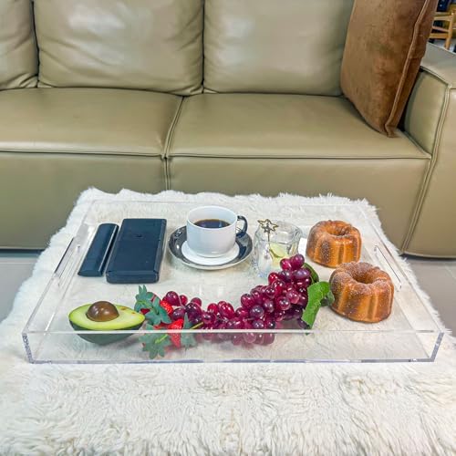 Clear Rectangular 14x20 Inches Acrylic Ottoman Tray Decorative Serving Tray with Cutout Handles Organizer Tray, alternate