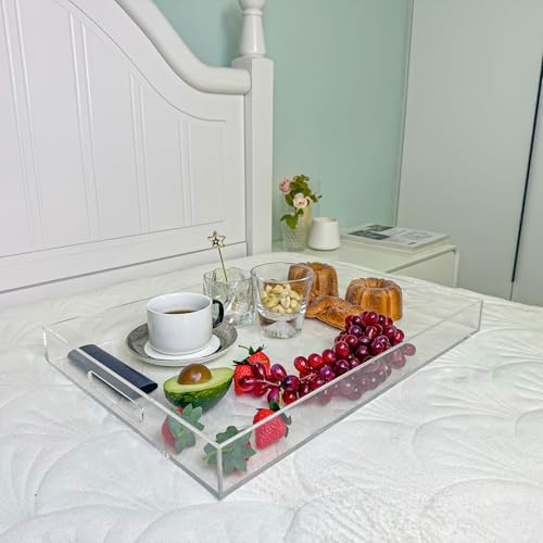 Clear Rectangular 14x20 Inches Acrylic Ottoman Tray Decorative Serving Tray with Cutout Handles Organizer Tray, alternate