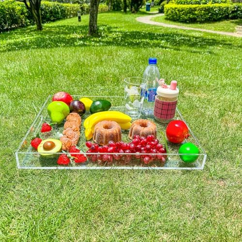 Clear Rectangular 14x20 Inches Acrylic Ottoman Tray Decorative Serving Tray with Cutout Handles Organizer Tray, alternate