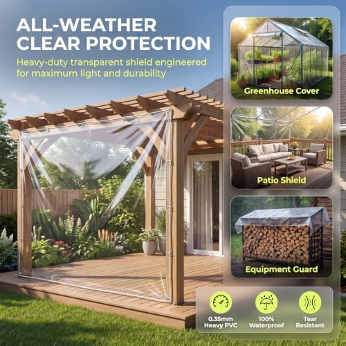 Clear Tarp 8' x 20' PVC 14 Mil Clear Tarps Heavy Duty Waterproof, 400g/m2 Clear Tarps Vinyl with Grommets for, alternate view