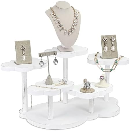 Cloud-Shaped Wooden Display Riser, 5-Tier Jewelry Showcase Stand in 17.7"W x 7.5"D x 3.3"H in Antique White, 5