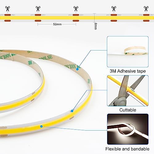 COB LED Strip Light with Remote, Dimmable 16.4FT/5M Flexible High Density LED Light,4000K Natural White 2400LEDs, alternate