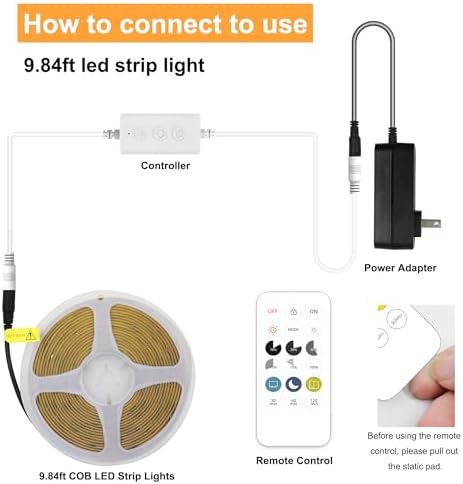 COB LED Strip Lights with Remote, 24V 9.84ft White Dimmable LED Light Strips, High Bright 6000K LED Lights with, alternate