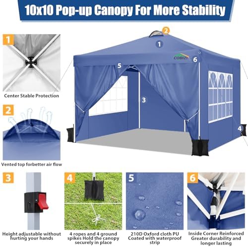 COBlZI 10x10 Pop Up Canopy Tent with 4 Removable Sidewalls, Waterproof Commercial Adjustable Gazebo Tent with, alternate view