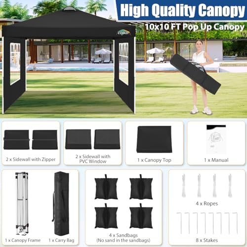 COBlZI 10x10 Pop Up Canopy Tent with 4 Removable Sidewalls, Waterproof Commercial Easy Adjustable Gazebo Tent, alternate view