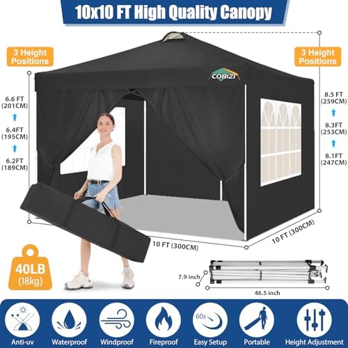 COBlZI 10x10 Pop Up Canopy Tent with 4 Removable Sidewalls, Waterproof Commercial Easy Adjustable Gazebo Tent, alternate view