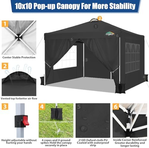 COBlZI 10x10 Pop Up Canopy Tent with 4 Removable Sidewalls, Waterproof Commercial Easy Adjustable Gazebo Tent, alternate view