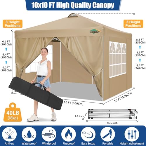 COBlZI 10x10 Pop Up Canopy Tent with 4 Removable Sidewalls, Waterproof Commercial Easy Adjustable Gazebo Tent, alternate view