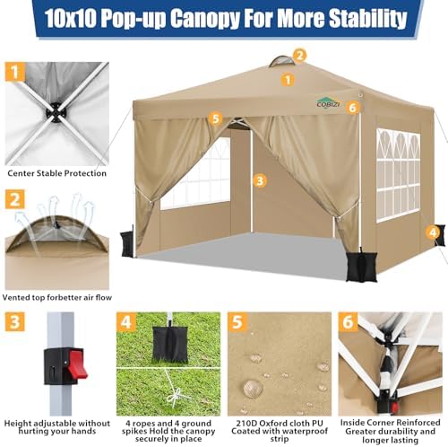 COBlZI 10x10 Pop Up Canopy Tent with 4 Removable Sidewalls, Waterproof Commercial Easy Adjustable Gazebo Tent, alternate view