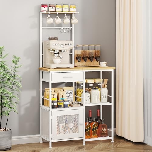 Coffee Bar with Hanging Rack - Farmhouse Coffee Stand Station Multi-Purpose Buffet Sideboard Cabinet with