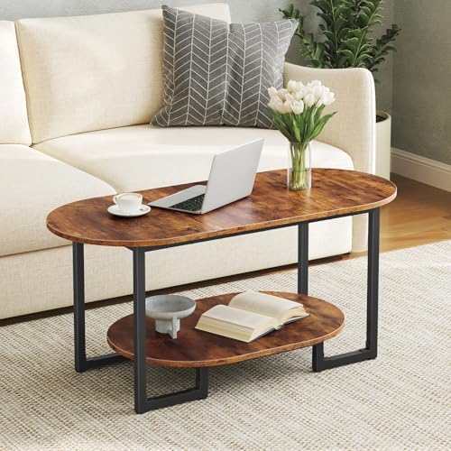 Coffee Table for Living Room, Oval Small Coffee Table with 2-Tier Open Storage Shelf, Industrial Cocktail Tea