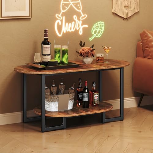 Coffee Table for Living Room, Oval Small Coffee Table with 2-Tier Open Storage Shelf, Industrial Cocktail Tea, alternate view