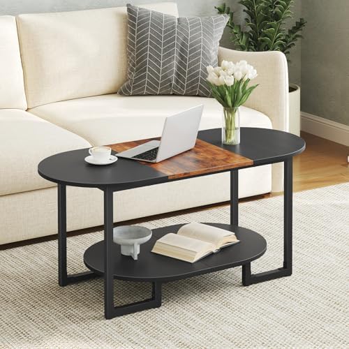 Coffee Table for Living Room, Oval Small Coffee Table with 2-Tier Open Storage Shelf, Industrial Cocktail Tea