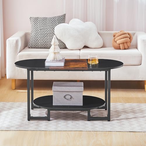 Coffee Table for Living Room, Oval Small Coffee Table with 2-Tier Open Storage Shelf, Industrial Cocktail Tea, alternate view