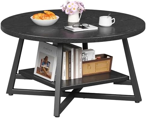 Coffee Table for Living Room, Round Coffee Table, Small Circle Coffee Table with Storage, Modern Wood Round
