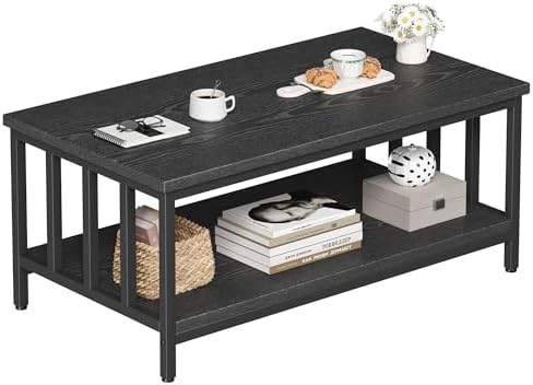 Coffee Table for Living Room with Slatted Sides Frame, Modern Farmhouse Living Room Table with 2-Tier Storage