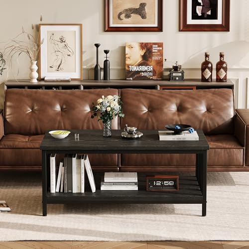Coffee Table for Living Room with Slatted Sides Frame, Modern Farmhouse Living Room Table with 2-Tier Storage, alternate view