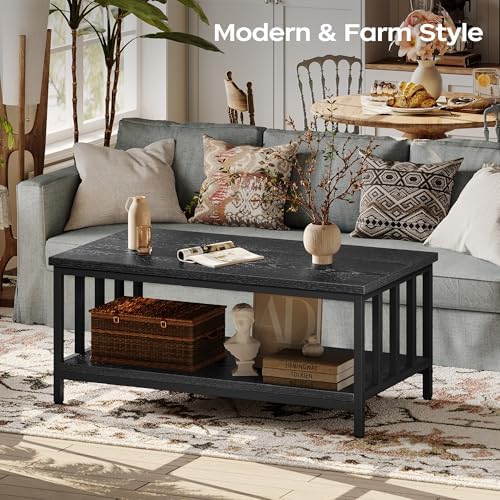 Coffee Table for Living Room with Slatted Sides Frame, Modern Farmhouse Living Room Table with 2-Tier Storage, alternate view
