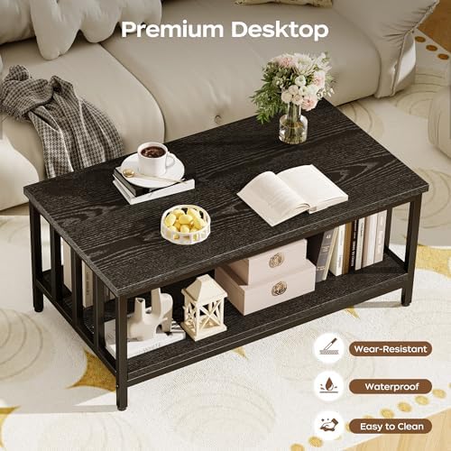 Coffee Table for Living Room with Slatted Sides Frame, Modern Farmhouse Living Room Table with 2-Tier Storage, alternate view