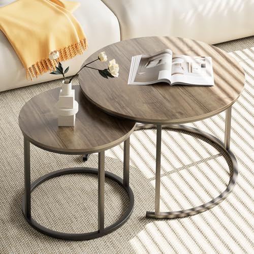Coffee Table Nesting Side Round Table Set of 2 End Table with Sturdy Metal Frame for Living Room Bedroom