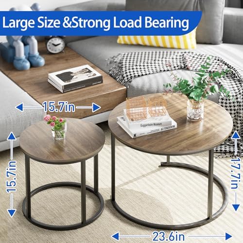 Coffee Table Nesting Side Round Table Set of 2 End Table with Sturdy Metal Frame for Living Room Bedroom, alternate view 2