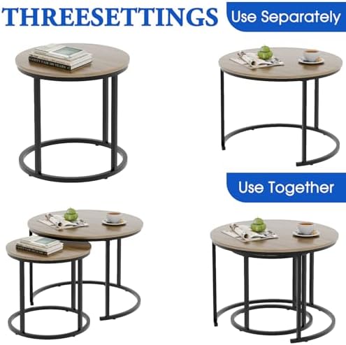 Coffee Table Nesting Side Round Table Set of 2 End Table with Sturdy Metal Frame for Living Room Bedroom, alternate view 4