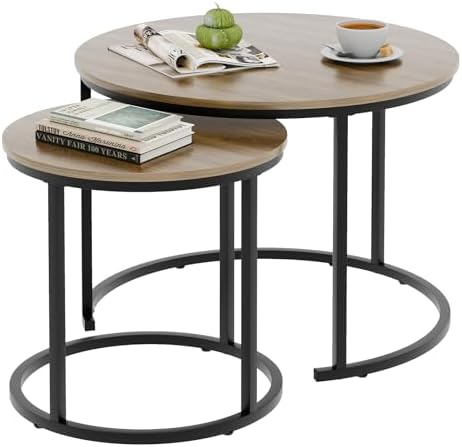 Coffee Table Nesting Side Round Table Set of 2 End Table with Sturdy Metal Frame for Living Room Bedroom, alternate view 6