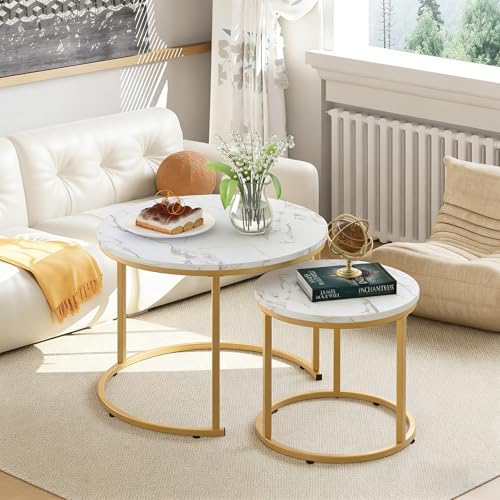 Coffee Table Nesting White Set of 2 Side Set Golden Frame Circular Round and Marble Pattern Wooden Tables, alternate view 2