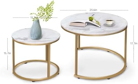Coffee Table Nesting White Set of 2 Side Set Golden Frame Circular Round and Marble Pattern Wooden Tables, alternate view 3