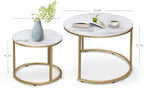 Coffee Table Nesting White Set of 2 Side Set Golden Frame Circular Round and Marble Pattern Wooden Tables, alternate view 3