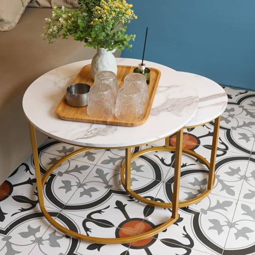 Coffee Table Nesting White Set of 2 Side Set Golden Frame Circular Round and Marble Pattern Wooden Tables, alternate view 4