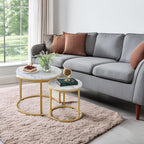 Coffee Table Nesting White Set of 2 Side Set Golden Frame Circular Round and Marble Pattern Wooden Tables, alternate view 5