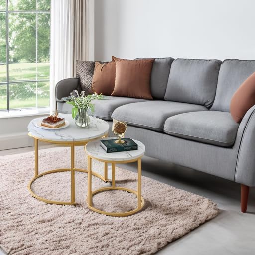 Coffee Table Nesting White Set of 2 Side Set Golden Frame Circular Round and Marble Pattern Wooden Tables, alternate view 5