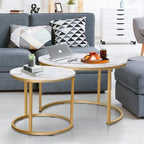Coffee Table Nesting White Set of 2 Side Set Golden Frame Circular Round and Marble Pattern Wooden Tables, alternate view 6