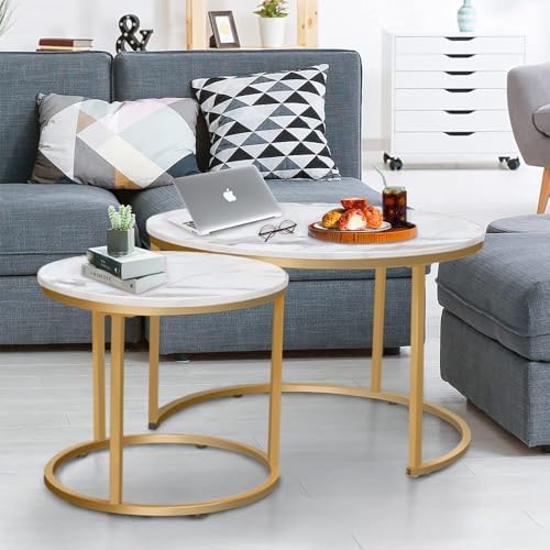Coffee Table Nesting White Set of 2 Side Set Golden Frame Circular Round and Marble Pattern Wooden Tables, alternate view 6