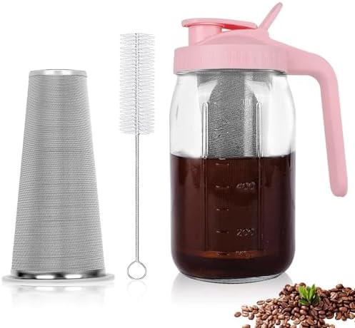 Cold Brew Coffee Maker, 32 oz Mason Jar Pitcher with Stainless Steel Filter, Pour Spout Handle Lid, Heavy Duty