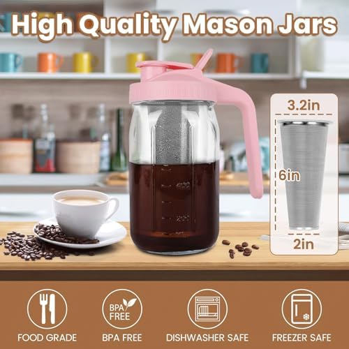 Cold Brew Coffee Maker, 32 oz Mason Jar Pitcher with Stainless Steel Filter, Pour Spout Handle Lid, Heavy Duty, alternate
