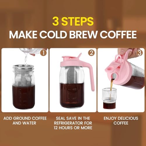 Cold Brew Coffee Maker, 32 oz Mason Jar Pitcher with Stainless Steel Filter, Pour Spout Handle Lid, Heavy Duty, alternate